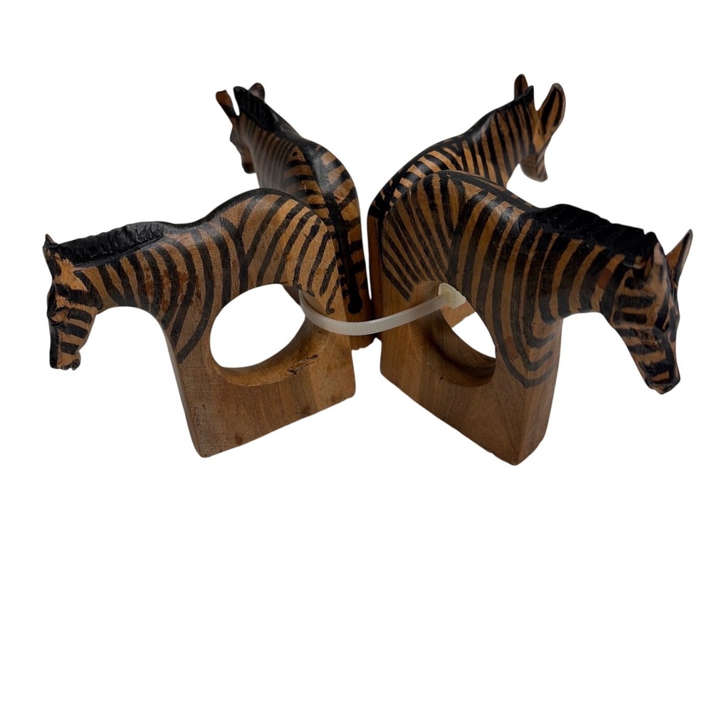 Unbranded Hand Carved Wooden Zebra Napkin Rings‎ Set of 4 Safari Anima.
